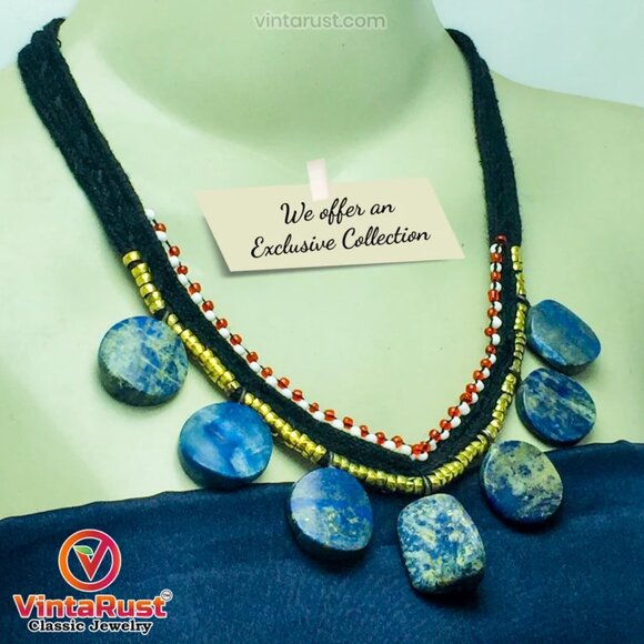 Tribal Choker Necklace With Dangling Lapis Lazuli Stones, Vintage Lapis Stone - Picture 4 of 10